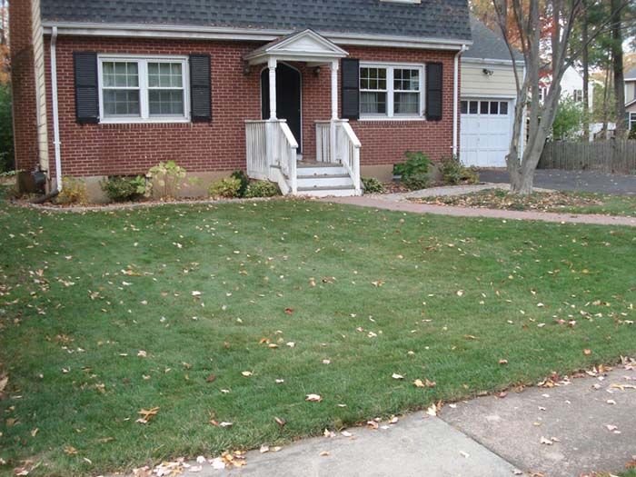 A brick house with a lush green lawn in front of it