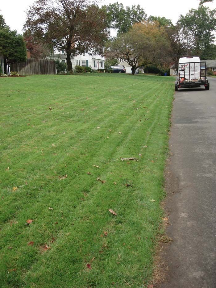 A truck is parked in a driveway next to a lush green field.