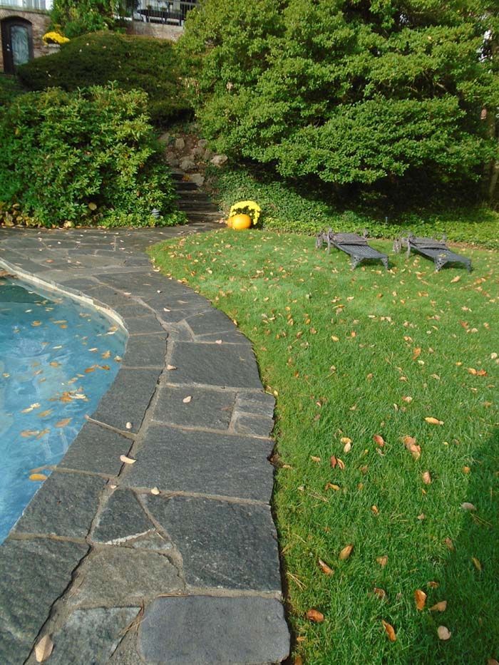 A stone walkway leading to a swimming pool