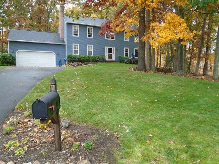 A blue house with a mailbox in front of it