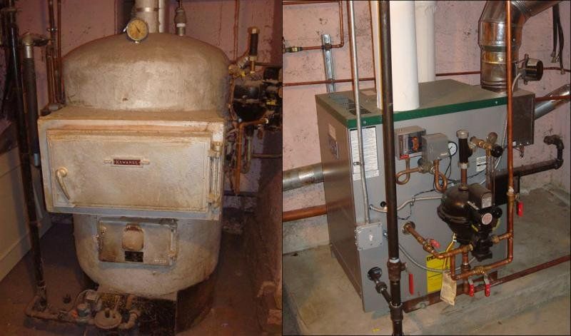 Old and new furnace in basement before and after