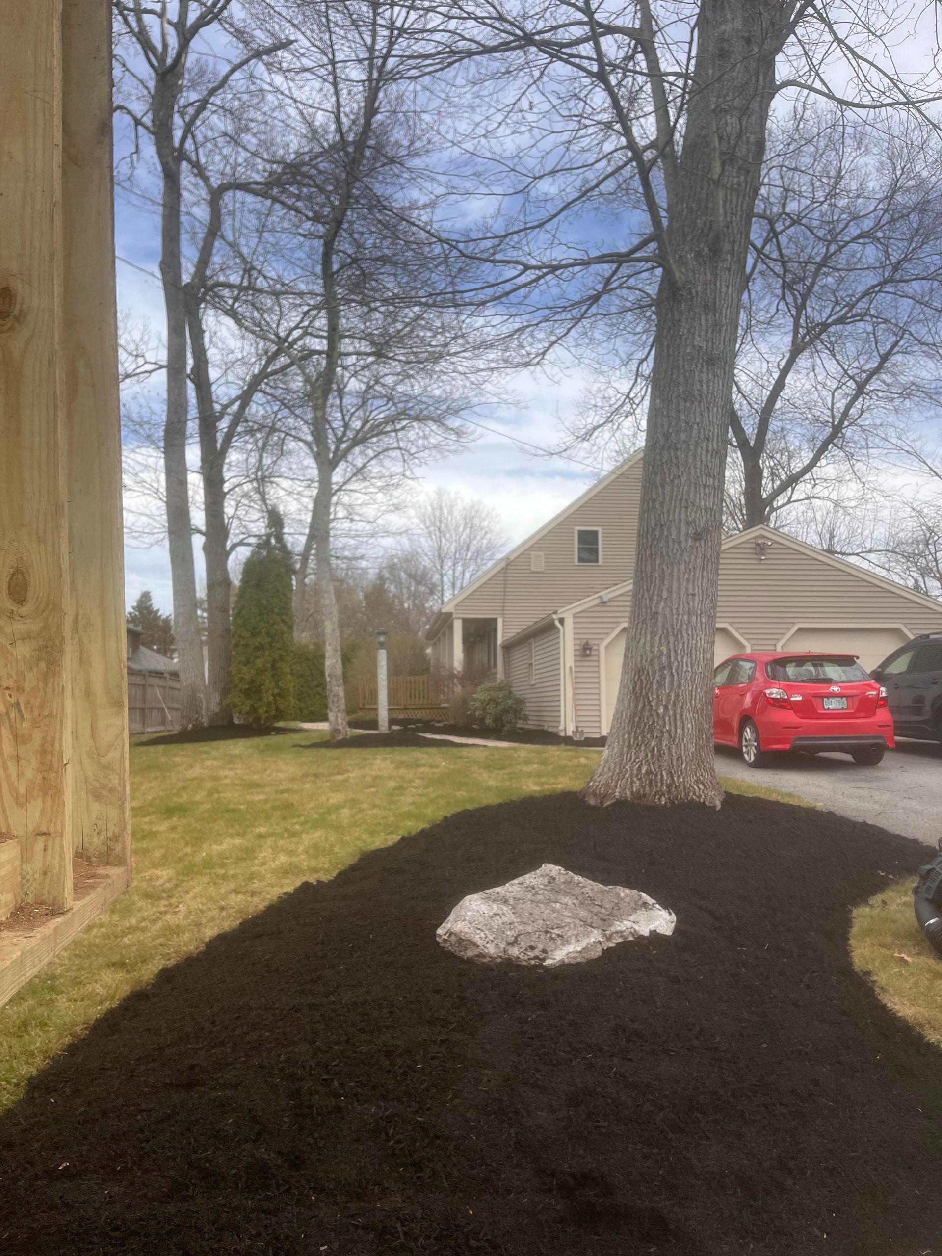 A red car is parked in a driveway next to a tree.