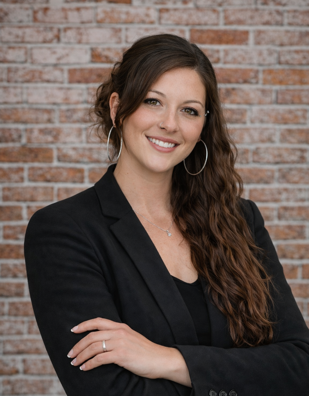 A woman with blonde hair and a necklace is smiling for the camera.