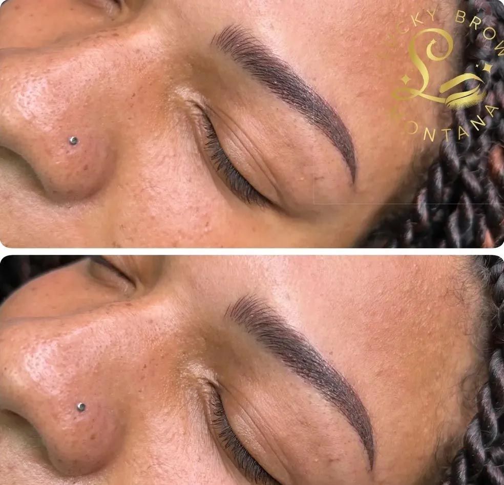 A before and after picture of a woman 's eyebrows.