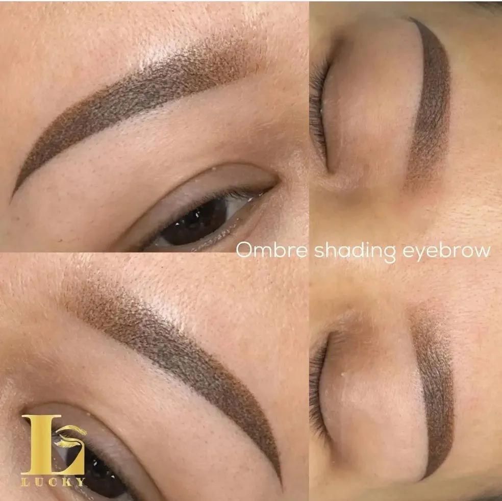 A close up of a woman 's face with ombre shading eyebrows