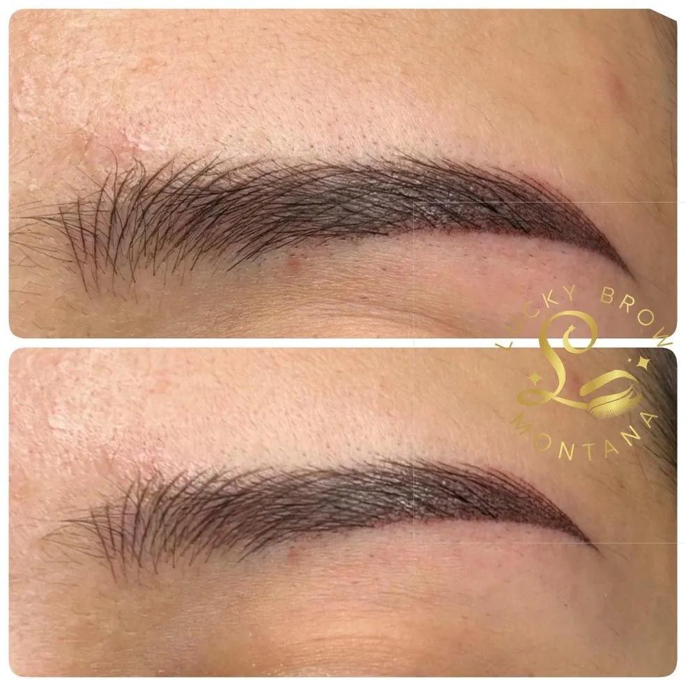 A before and after photo of a woman 's eyebrows.