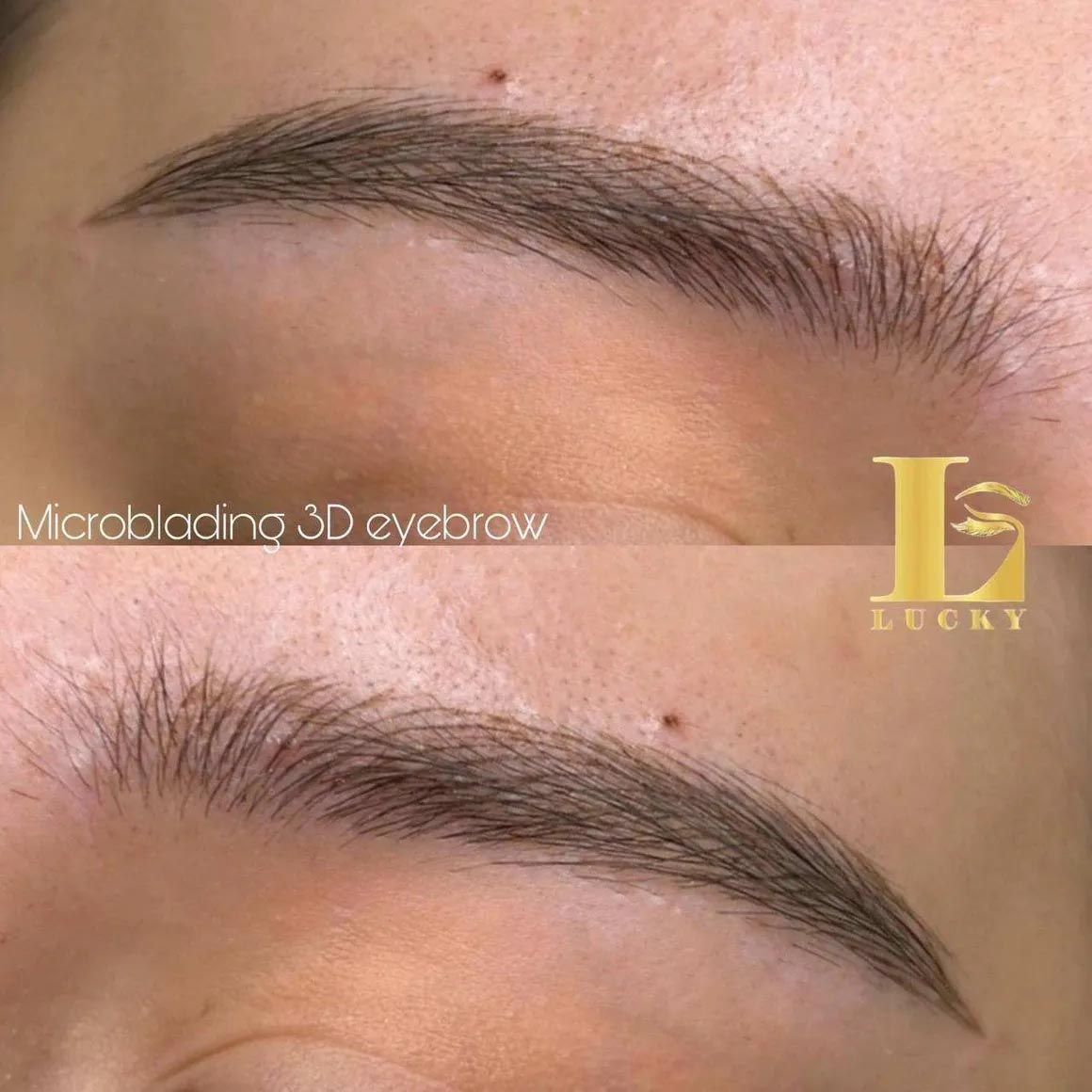 A close up of a woman 's eyebrows before and after microblading.