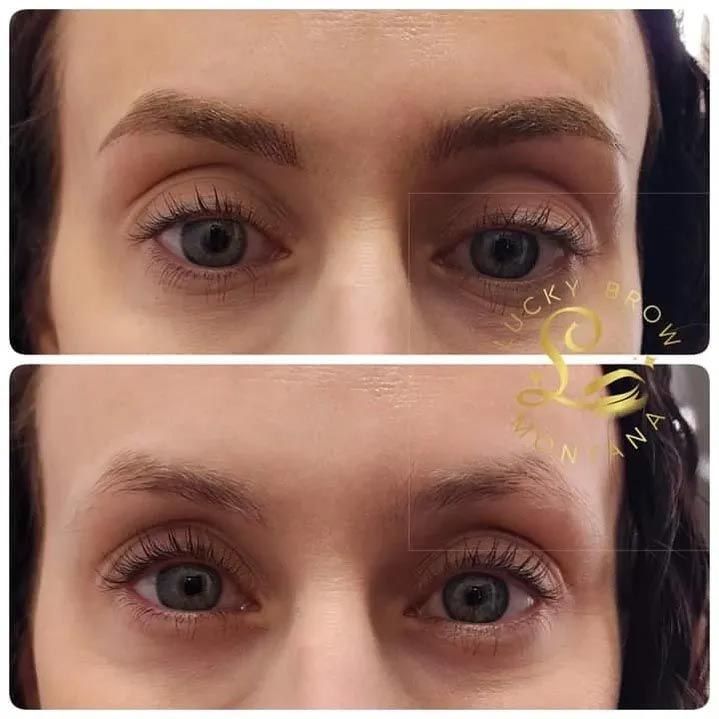 A before and after photo of a woman 's eyebrows.