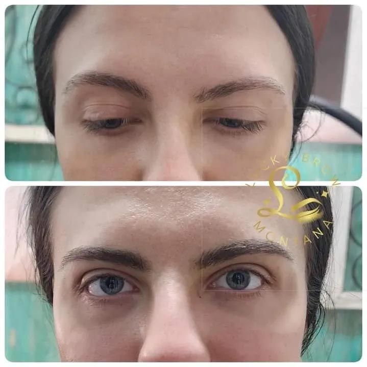 A before and after photo of a woman 's eyebrows.