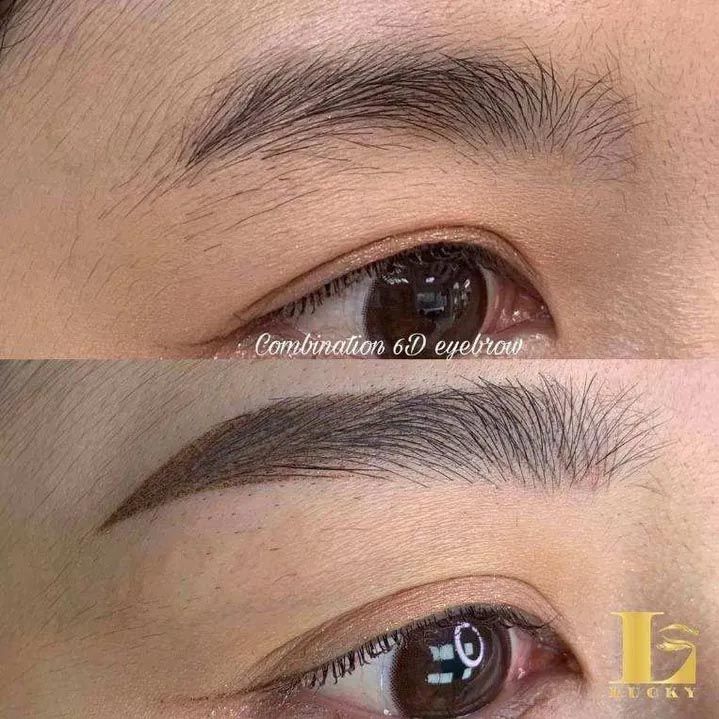 A before and after photo of a woman 's eyebrows.