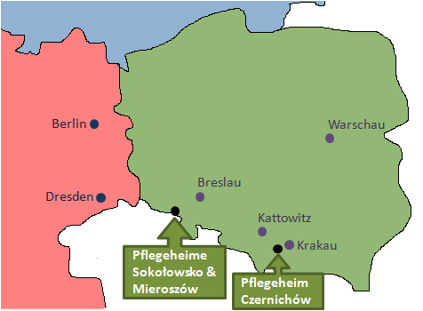 Karte von Polen auf der man die Lage unserer Pflegeheime sehen kann.  Sie befinden sich im Süden von Polen.