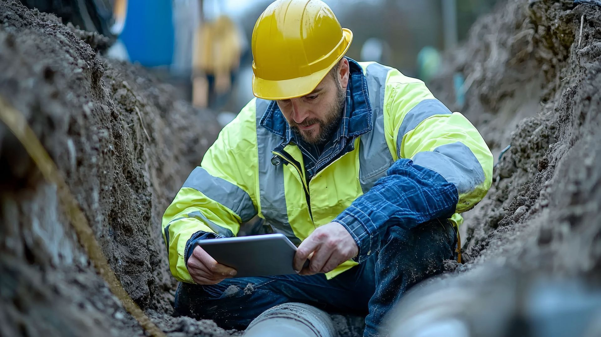 Construction worker in yellow hard hat and vest examines tablet in a trench.