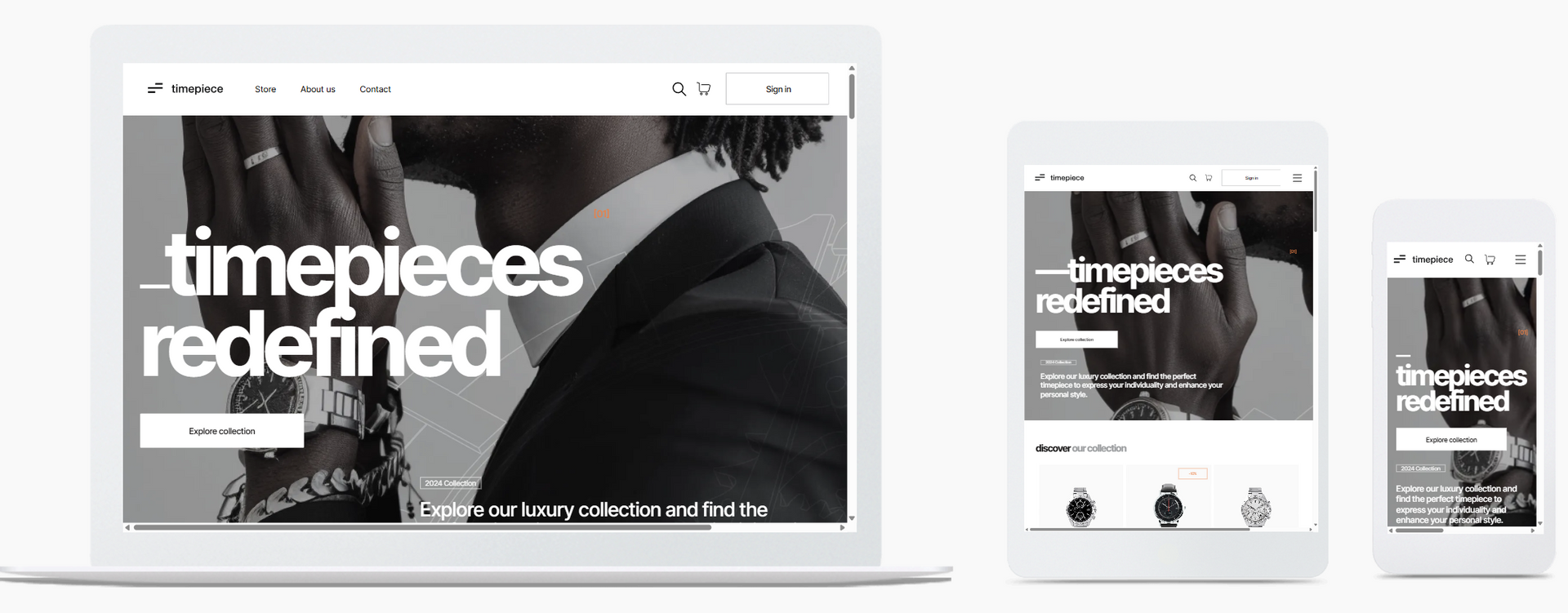 A laptop , tablet , and cell phone displaying a website for timepieces redefined.