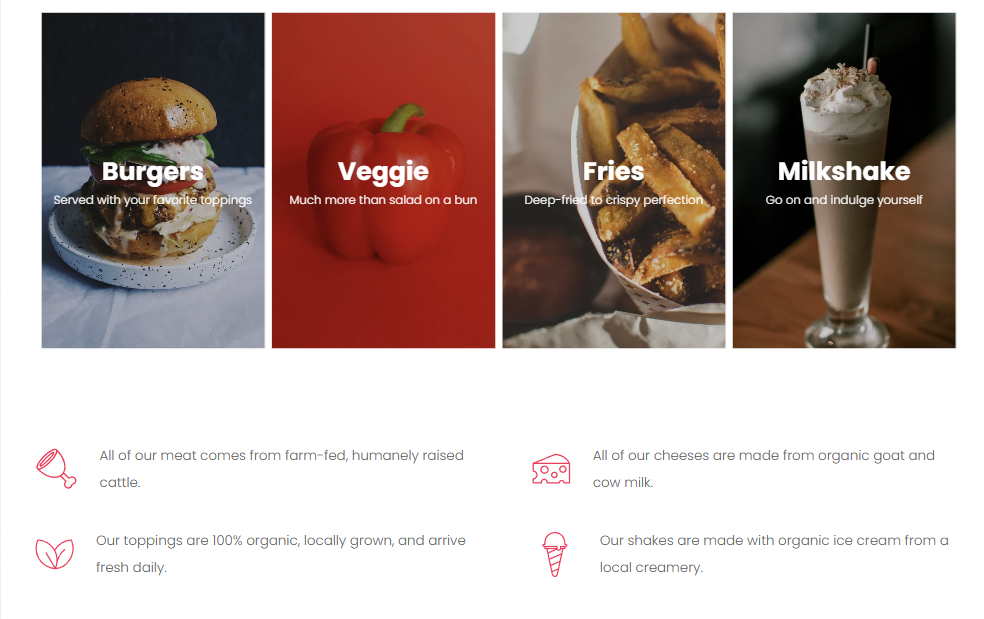 A hamburger , veggie fries , milkshake , and ice cream are displayed on a website.