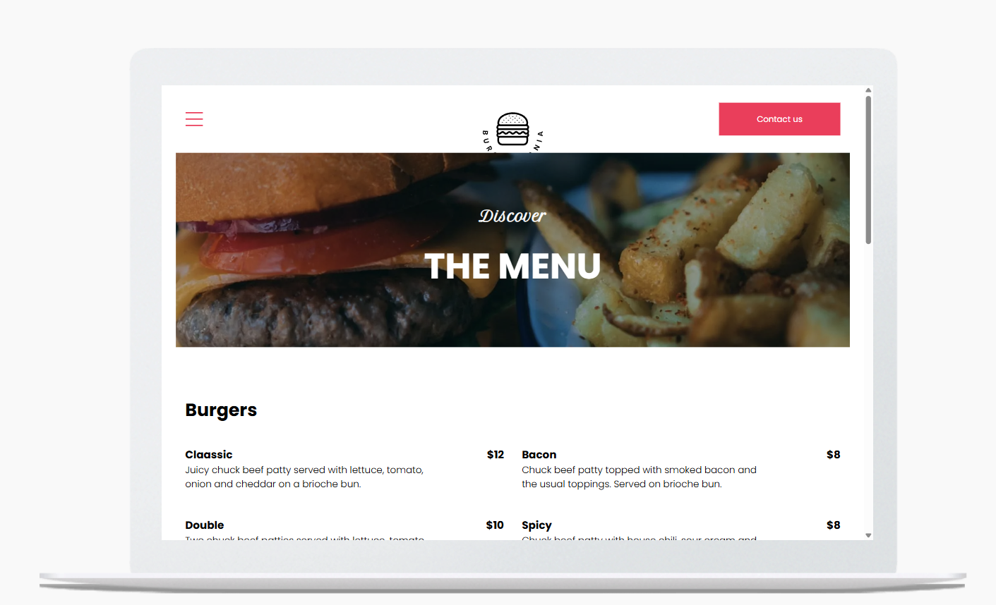 A laptop screen shows a menu for burgers and french fries