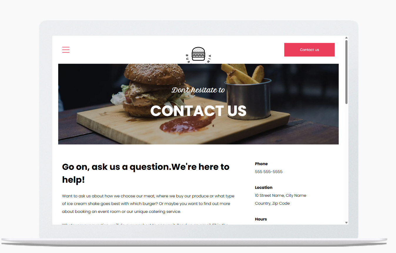 A laptop screen shows a hamburger and french fries on a wooden cutting board.