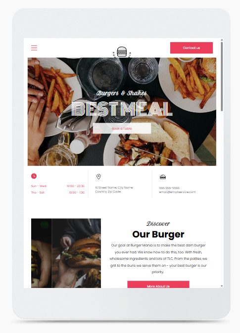 A tablet with a hamburger and french fries on it.