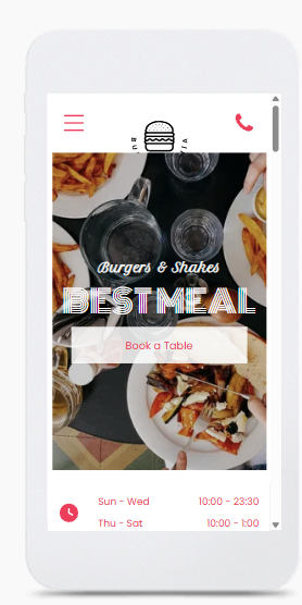 A white cell phone with a hamburger and shakes bestmeal app on it.