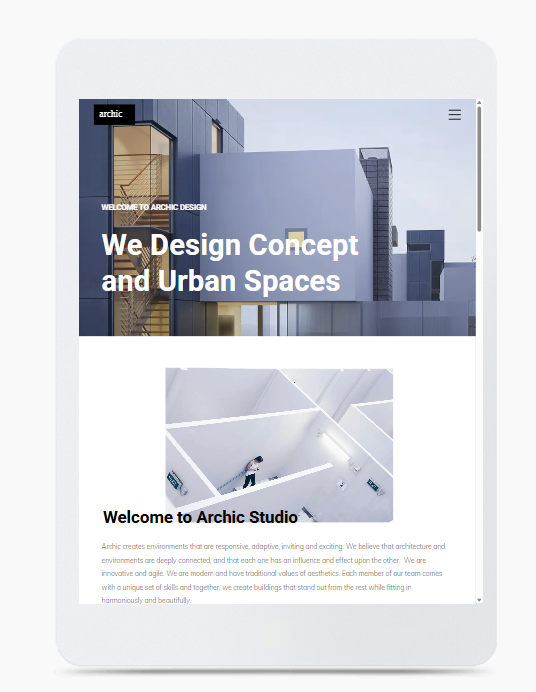 A tablet with a website on it that says we design concept and urban spaces.