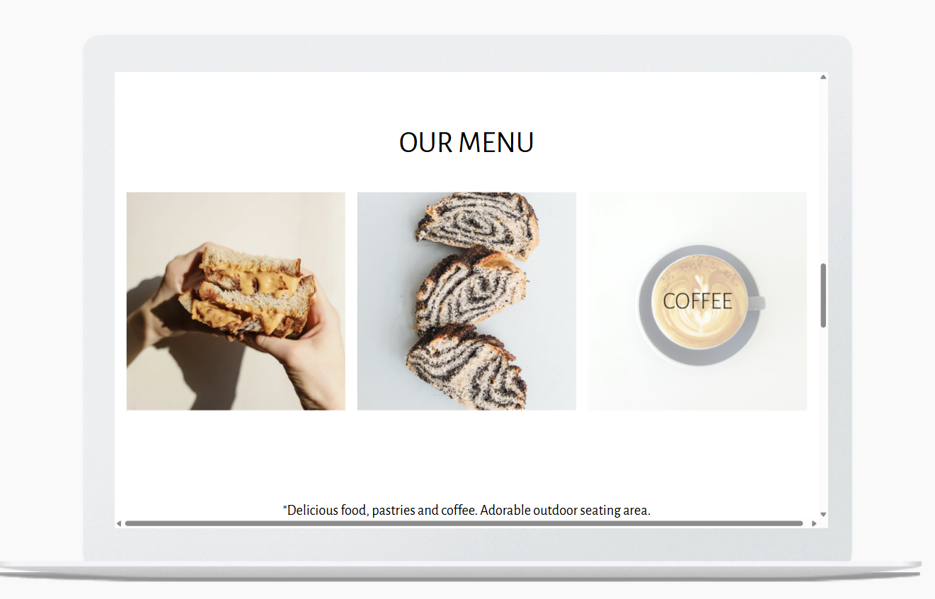 A laptop computer is open to a page that says `` our menu ''.
