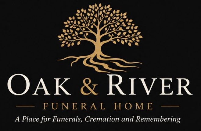 Oak & River Funeral Home logo with gold tree and roots on black background