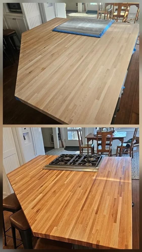 Before-and-after view of a wooden table surface, unfinished on top and richly varnished below.