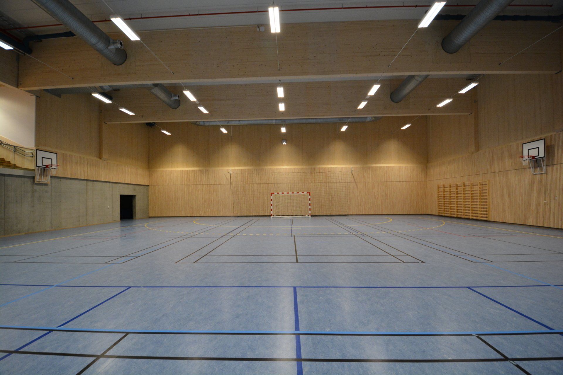 Et stort tomt treningsstudio med blått gulv og trevegger