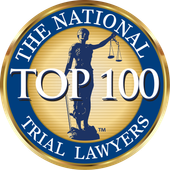 The National Trial Lawyers Top 100 blue-and-gold award emblem with Lady Justice