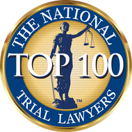 The National Trial Lawyers Top 100 blue-and-gold award emblem with Lady Justice