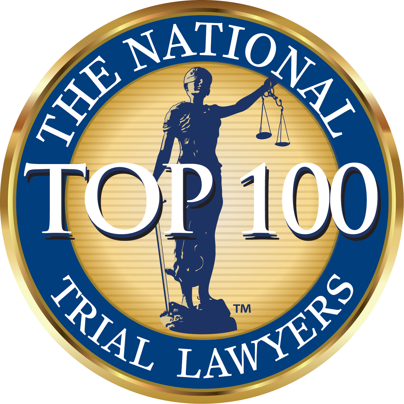 The National Trial Lawyers Top 100 logo with Lady Justice and blue-gold seal