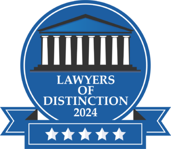 Blue seal reading “Lawyers of Distinction 2024” with courthouse icon and five stars.