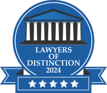 Blue “Lawyers of Distinction 2024” award badge with courthouse icon and five stars