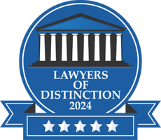 Blue “Lawyers of Distinction 2024” award badge with courthouse icon and five stars