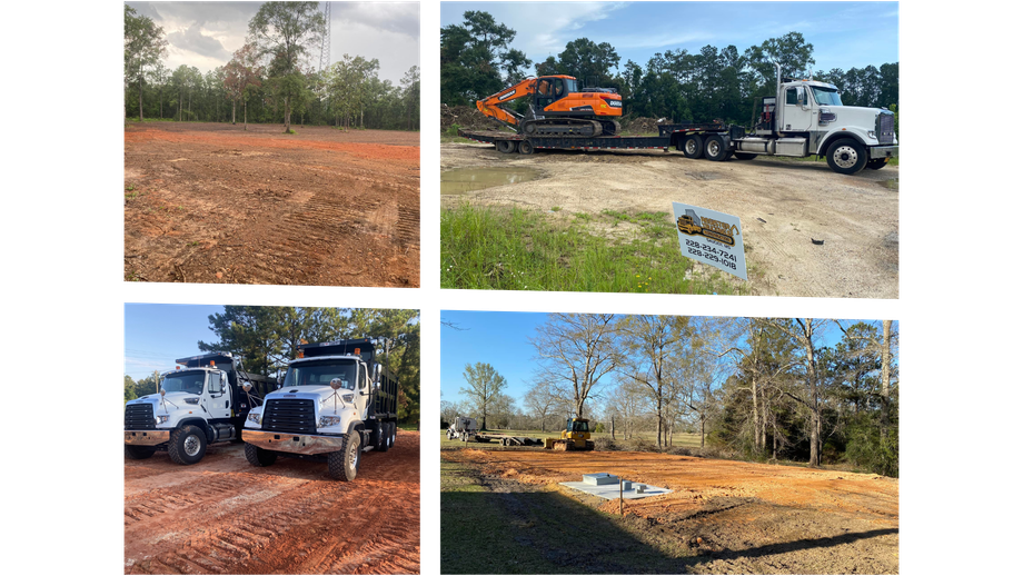 Four photos showing land clearing: bare earth, heavy machinery.