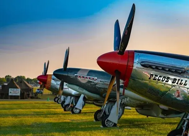 A row of fighter jets are parked in a grassy field.