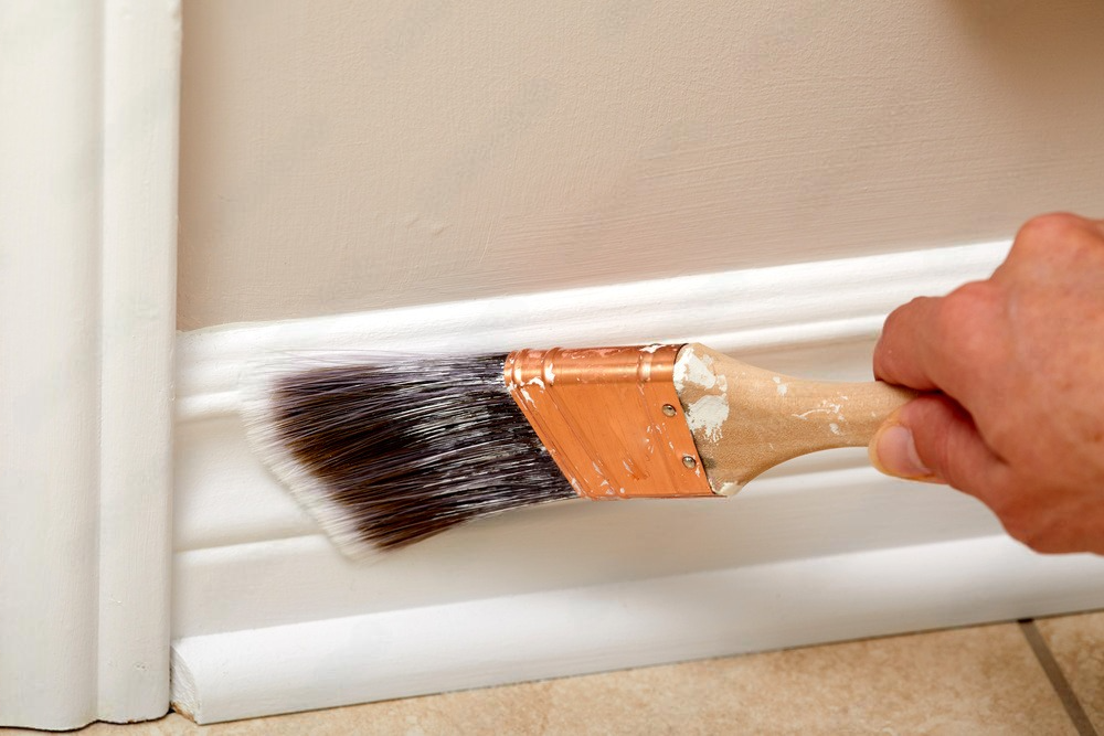 a person is painting a wall with a brush .