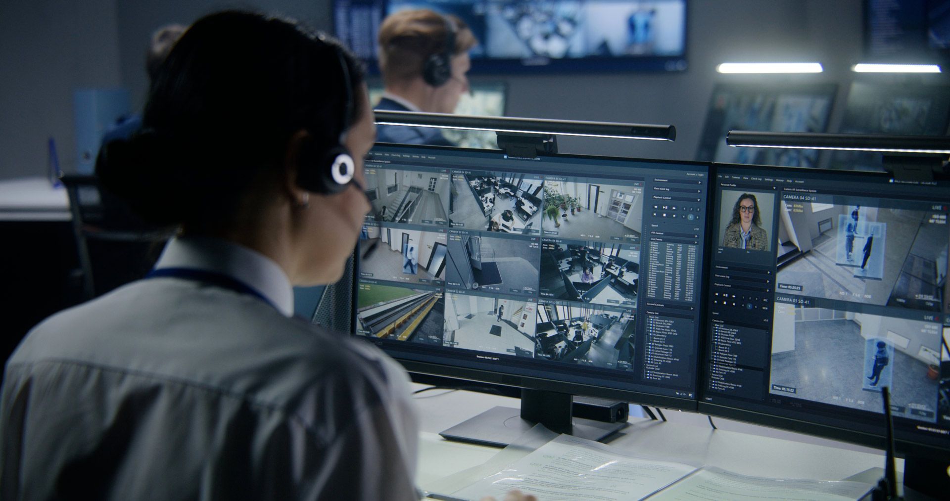A woman wearing headphones is sitting in front of a computer monitor.
