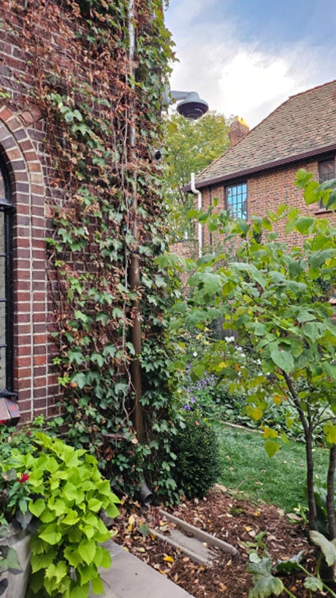 A brick building with a lush green garden in front of it.