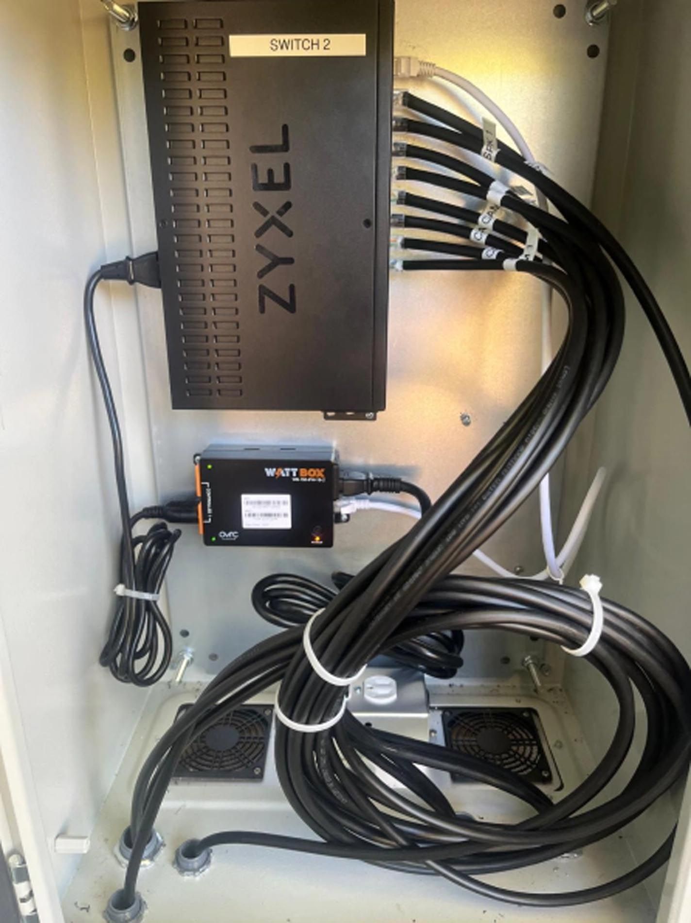 A zyxel box with a lot of wires coming out of it
