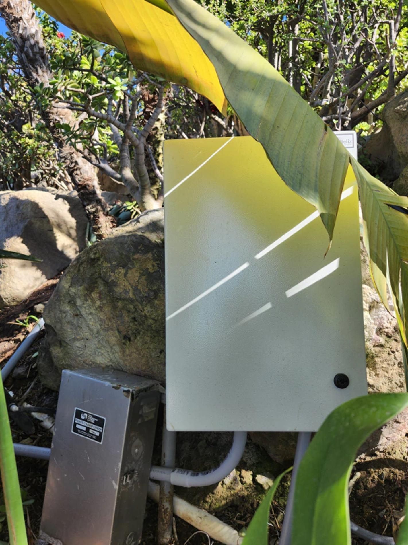 A white box is sitting on top of a rock next to a plant.
