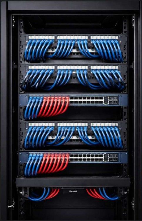 Network server rack with multiple switches and blue and red Ethernet cables.
