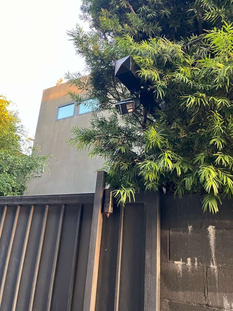 Modern building with blue windows, obscured by trees and a black fence.