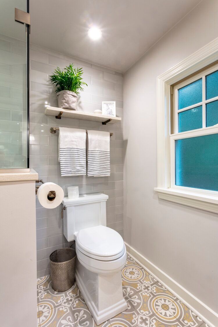 A modern bathroom featuring a toilet, patterned tile flooring, a hanging plant on a shelf, and a window with blue glass.