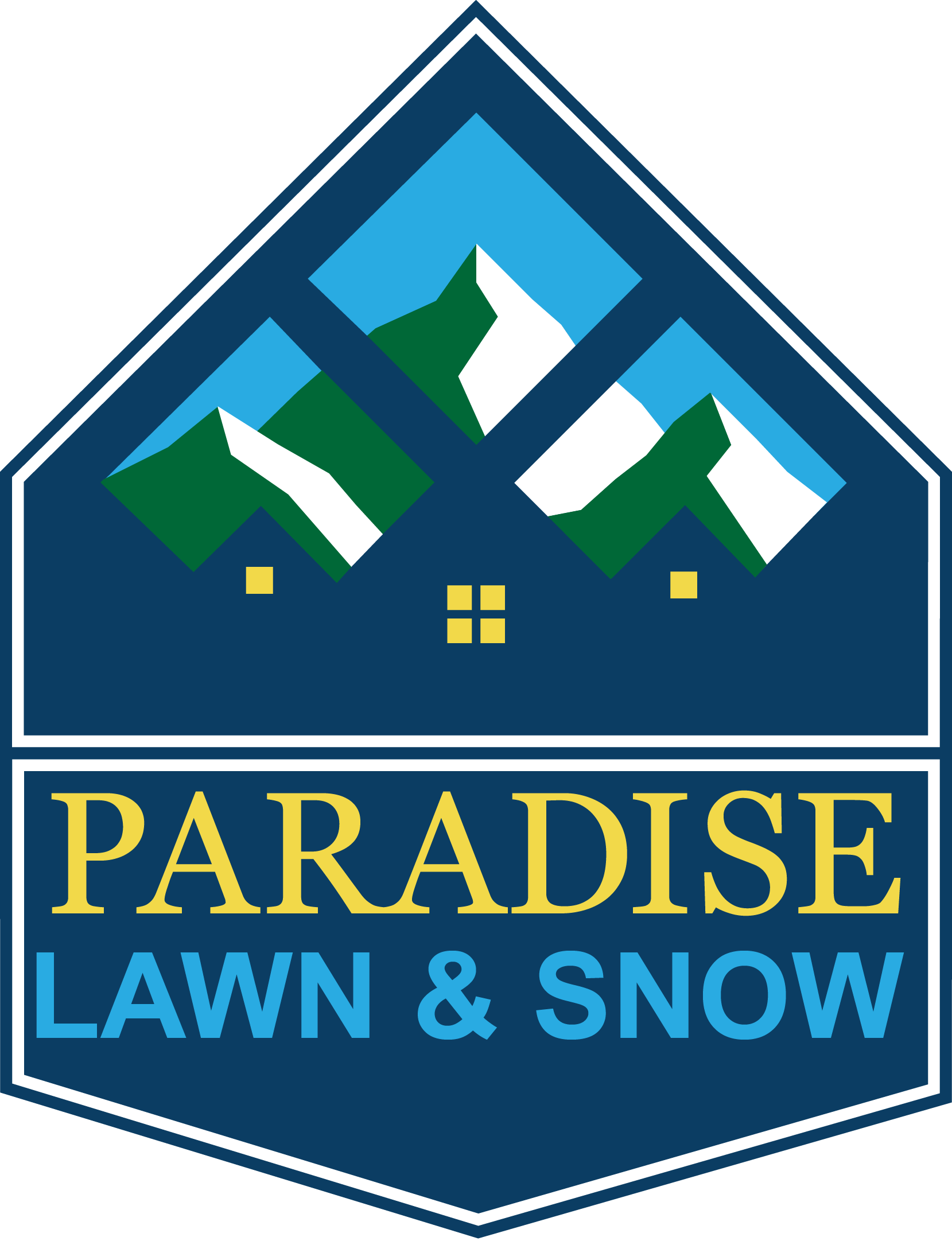 A logo for paradise lawn and snow with mountains and a house