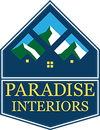 A logo for paradise interiors shows a house and mountains