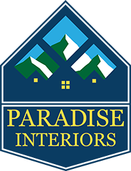 A logo for paradise interiors shows a house and mountains