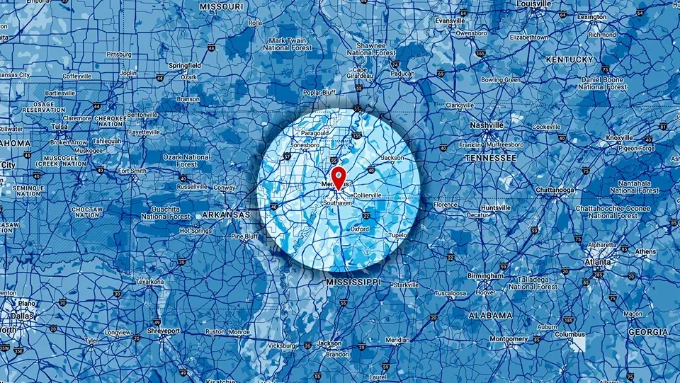 A blue map with a red pin in the middle of it.