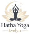 Logo di Hatha Yoga Evelyn con figura meditativa su un loto nei toni del beige e del grigio.