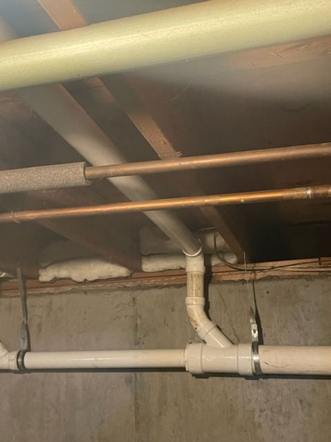 Plumbing pipes in a basement. Copper water pipes above, white drain pipes below.