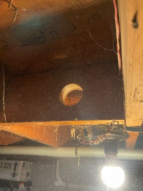 Hole in wooden joist in a basement ceiling, with a utility light below and exposed pipes.